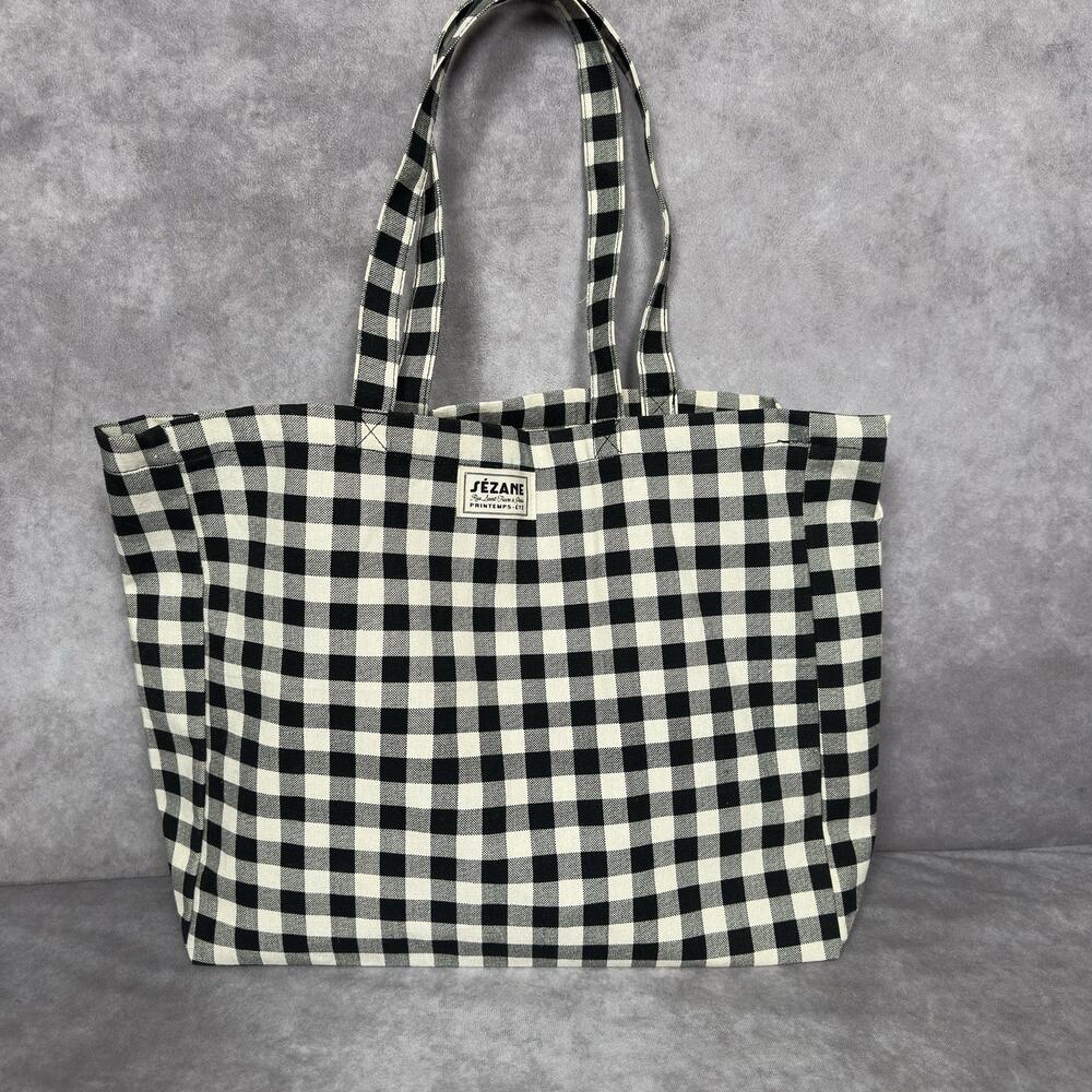 Sezane NWOT Black Cream Gingham Plaid Cotton Tote Large Shoulder Shopper 20x13